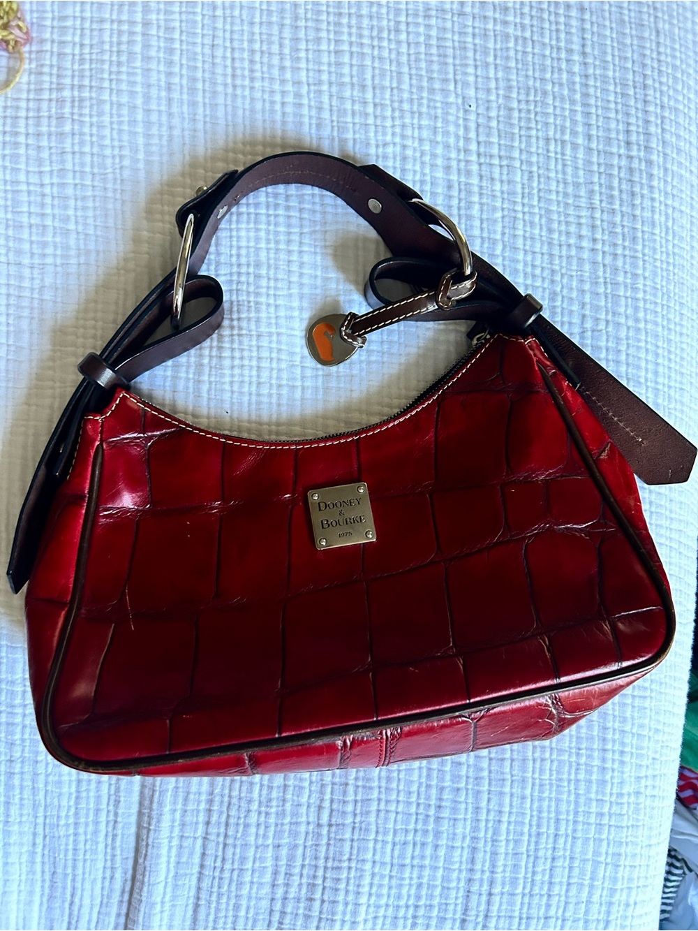 Dooney & Bourke Red Croc-Embossed Shoulder Bag with Brown Strap
